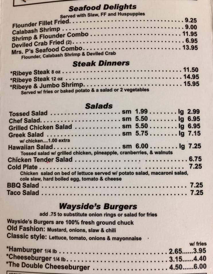 Menu At Wayside Family Restaurant, Stanfield, 101 Nc-200