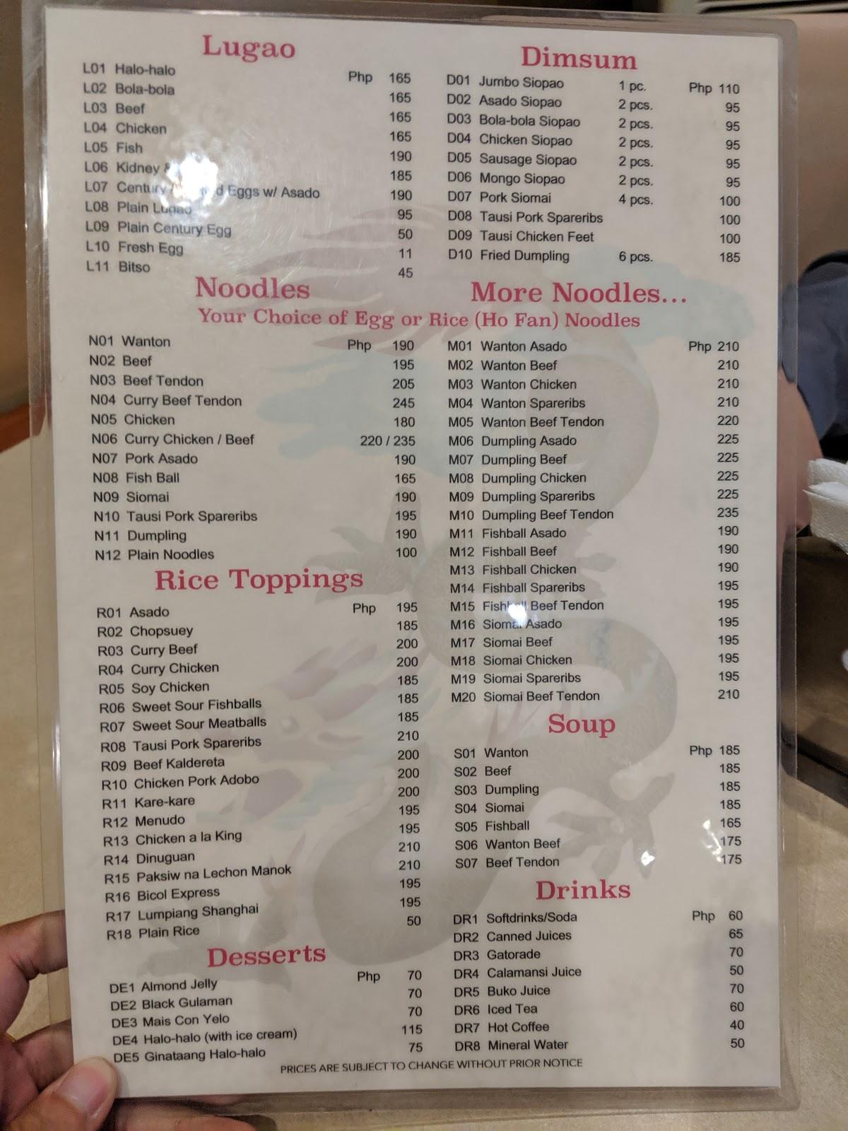 Menu at Dragon Noodle Center restaurant, Manila