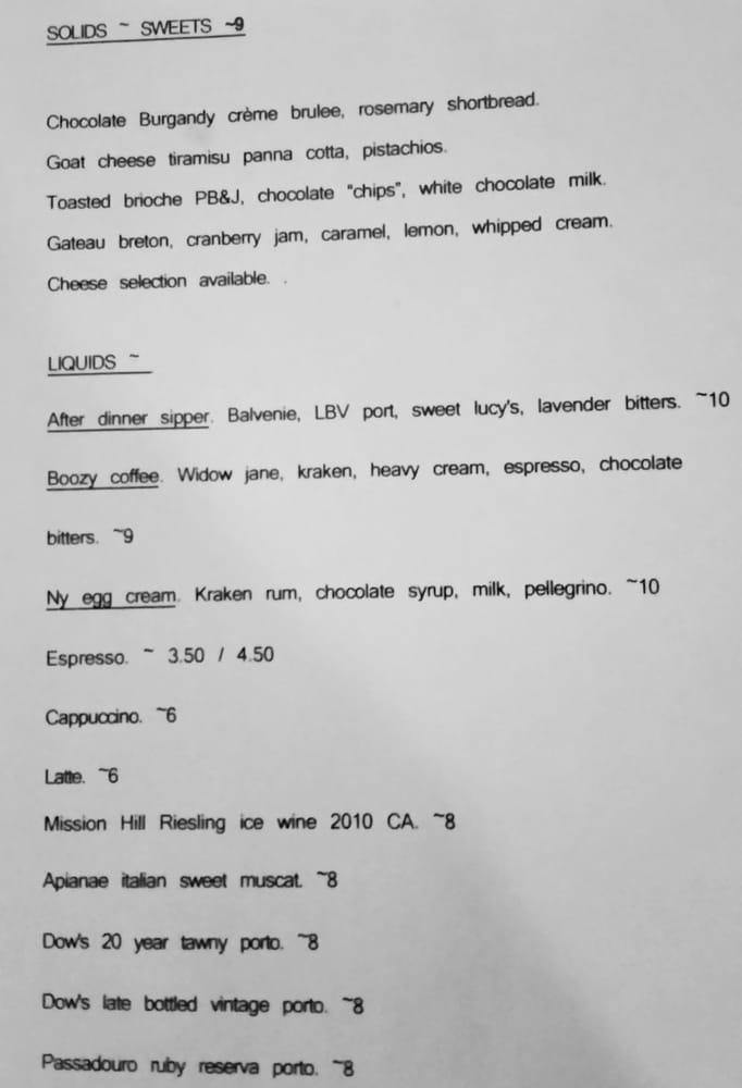 Menu at Liquids and Solids at the Handlebar, Lake Placid