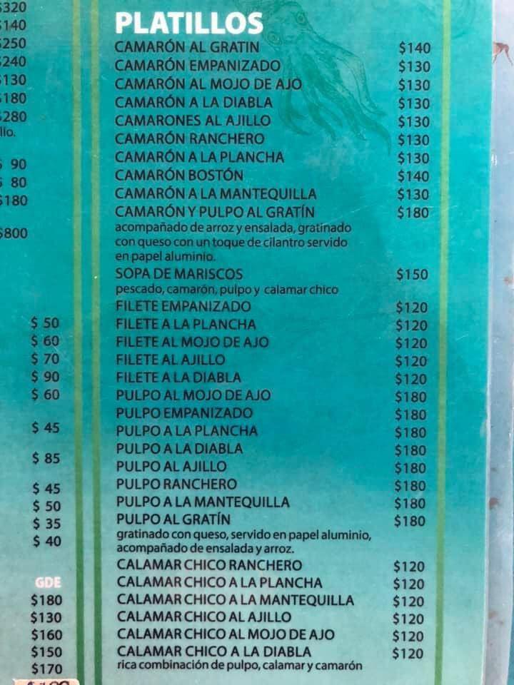 Menu at Mariscos San Carlos restaurant, Guadalajara