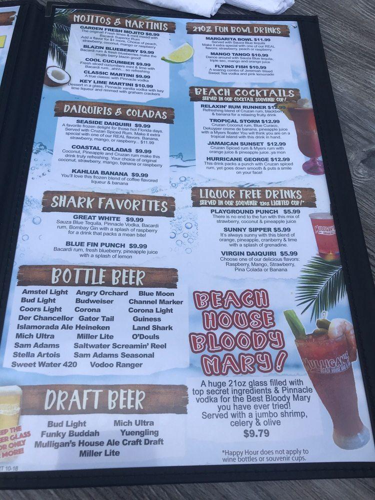 Menu at Mulligan's Beach House pub & bar, Riviera Beach