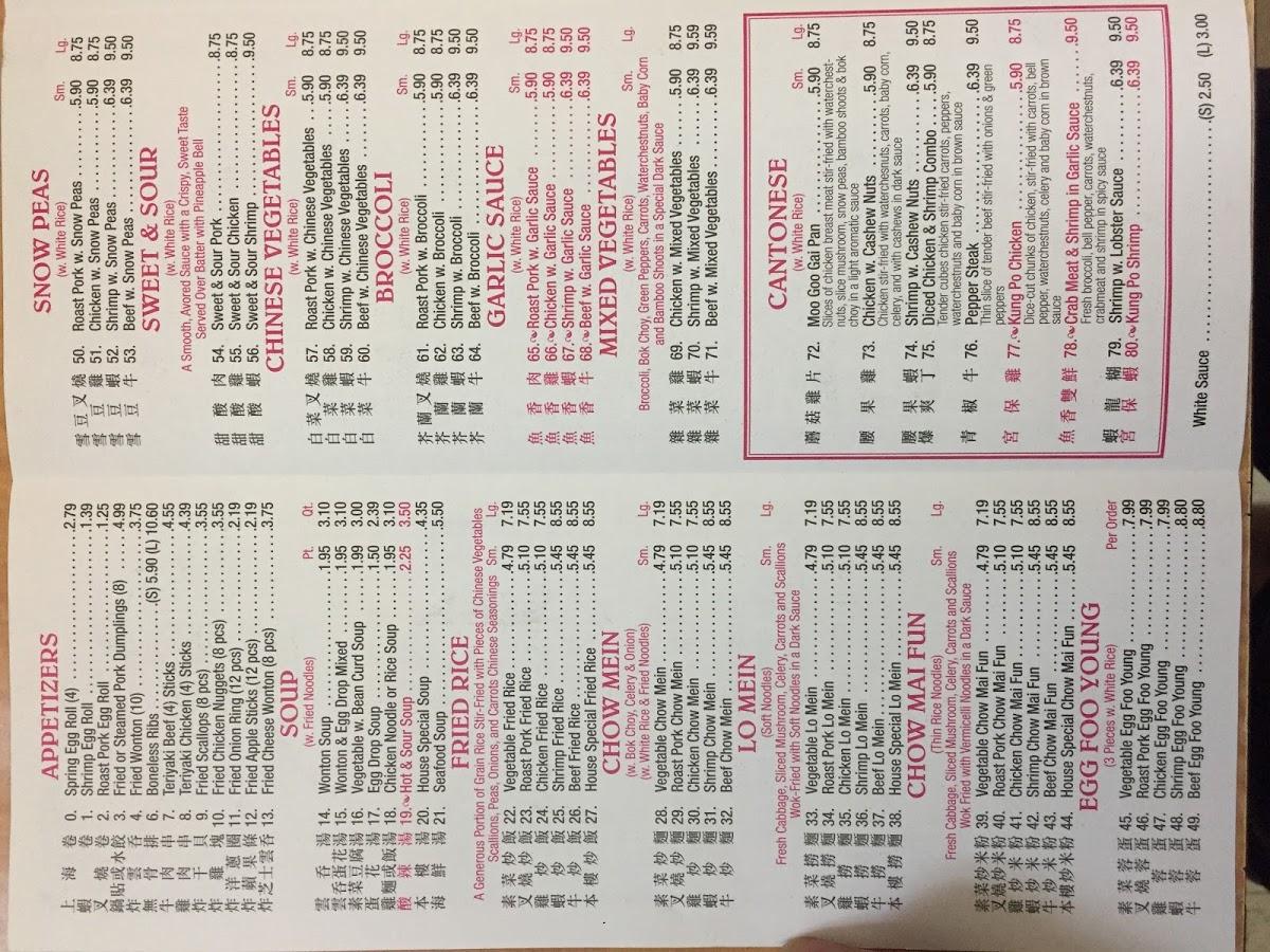 Menu at New Eastern restaurant, Shermans Dale