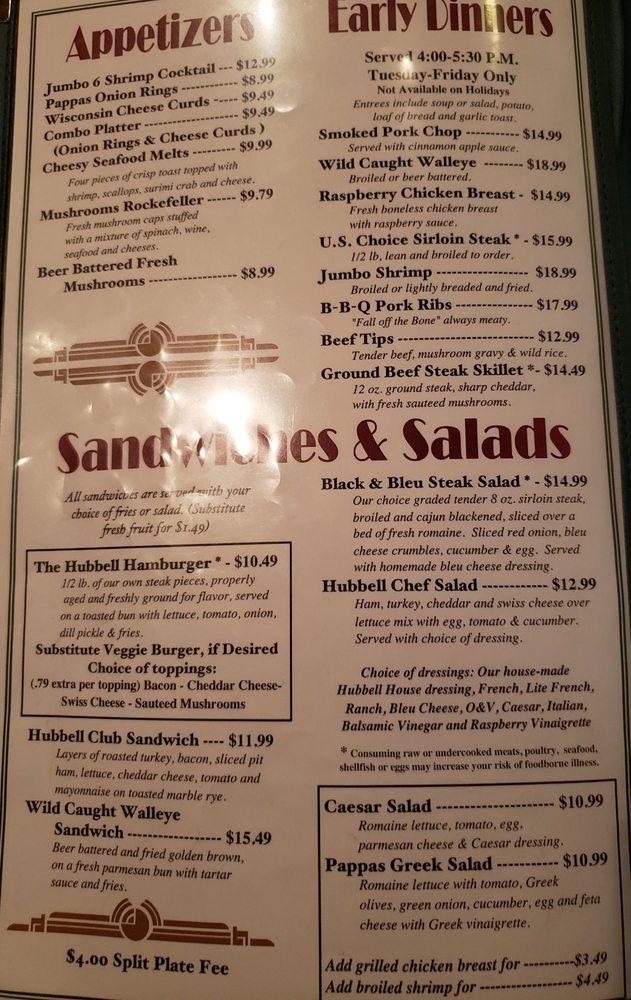 Menu at The Hubbell House steakhouse, Mantorville