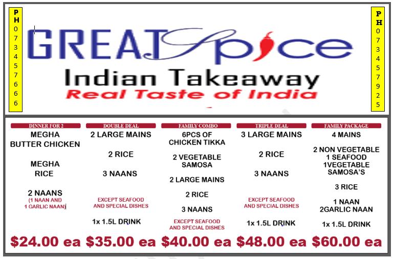 Carta de comida rápida Great Spice Indian Takeaway, Rotorua
