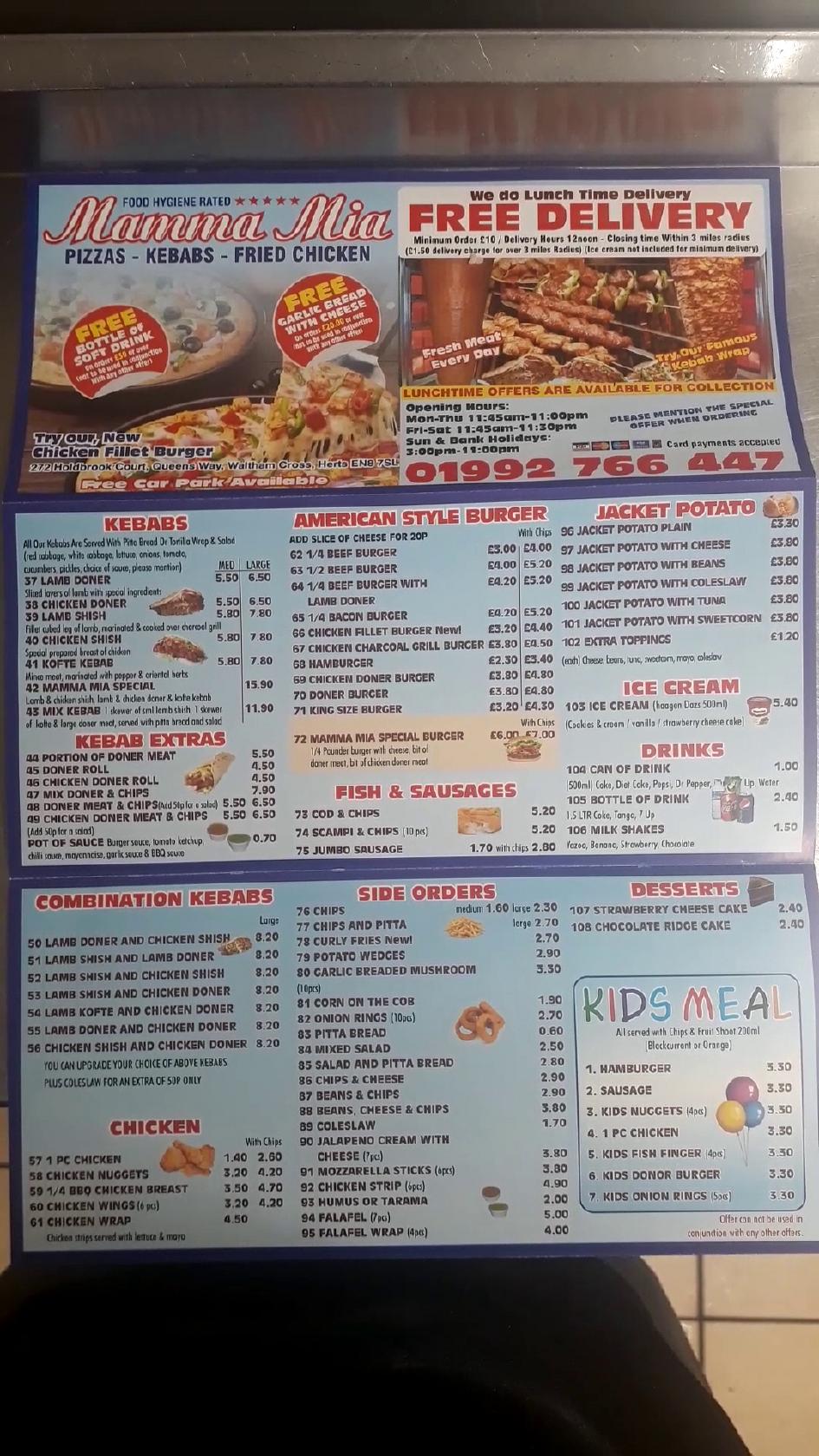 Menu at Mamma Mia Pizza pizzeria, Waltham Cross, 272 Holdbrook Ct