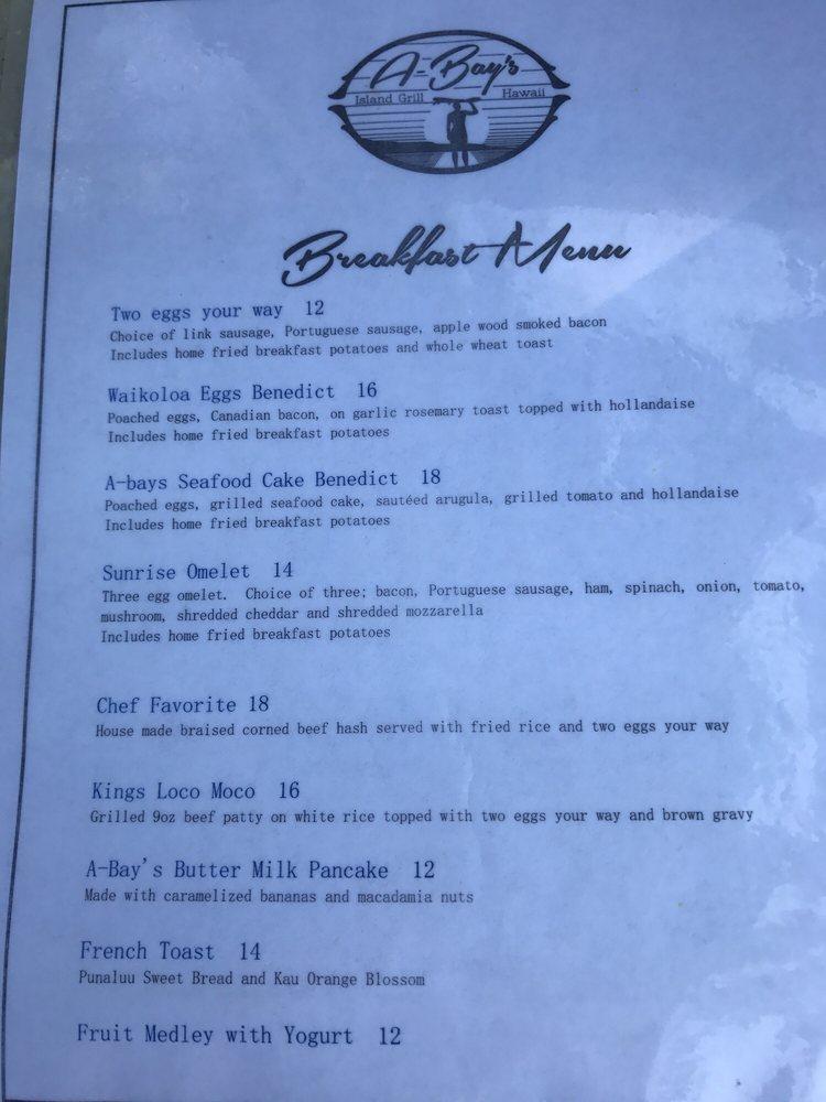 Menu at ABay's Island Grill pub & bar, Waikoloa Village