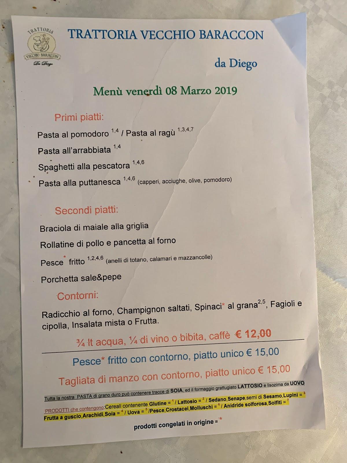 Menu di Trattoria Vecchio Baraccon 