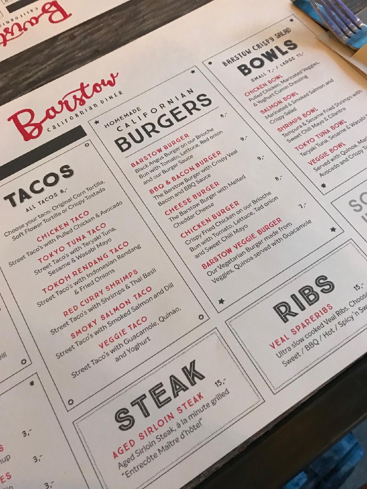 Menu at Barstow, Amsterdam