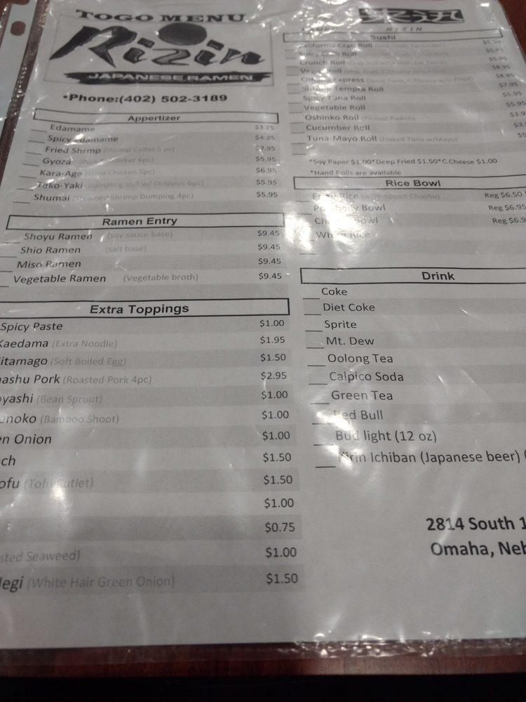 Menu at Rizin Japanese Ramen (来迅 ライジン) restaurant, Omaha