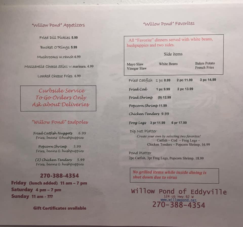 Menu at Willow Pond Catfish Restaurant, Eddyville