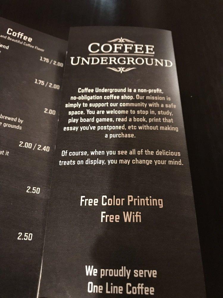 Menu at Coffee Underground, Columbus