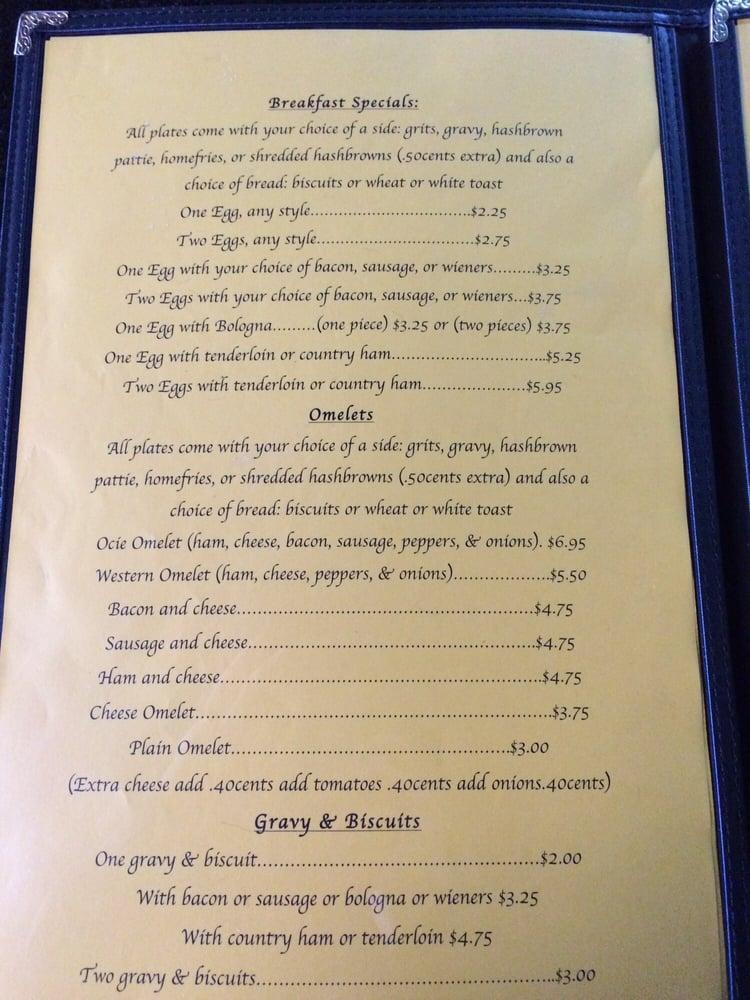 Menu at Ocie's Restaurant, Mount Airy