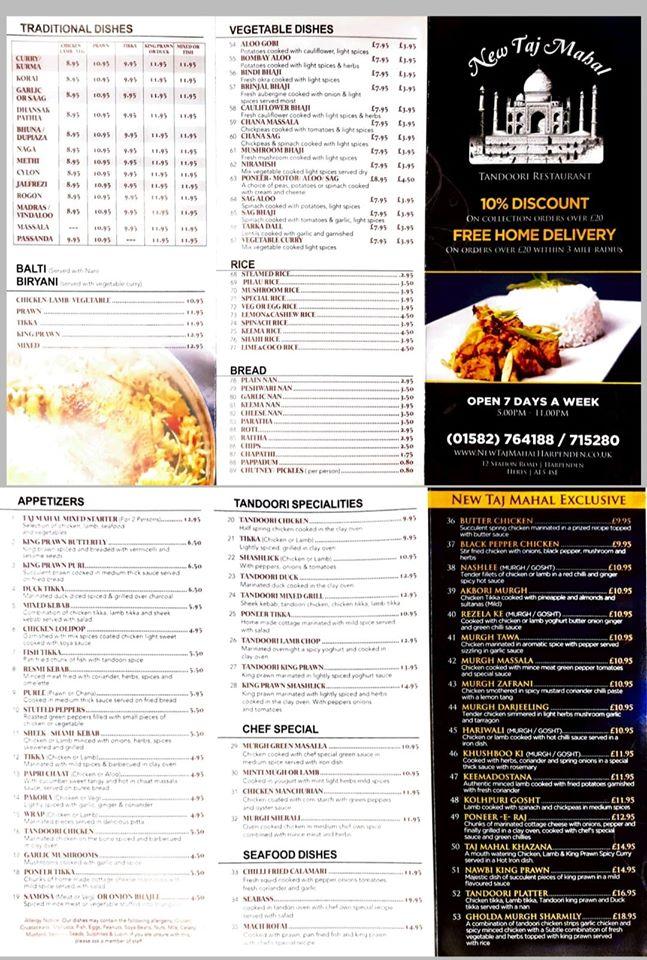 Menu at The New Taj Mahal restaurant, Harpenden