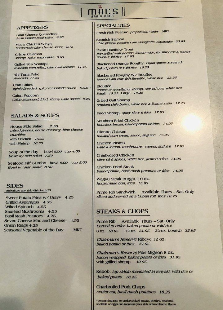 Menu at Mac's Bar & Grill, Arlington
