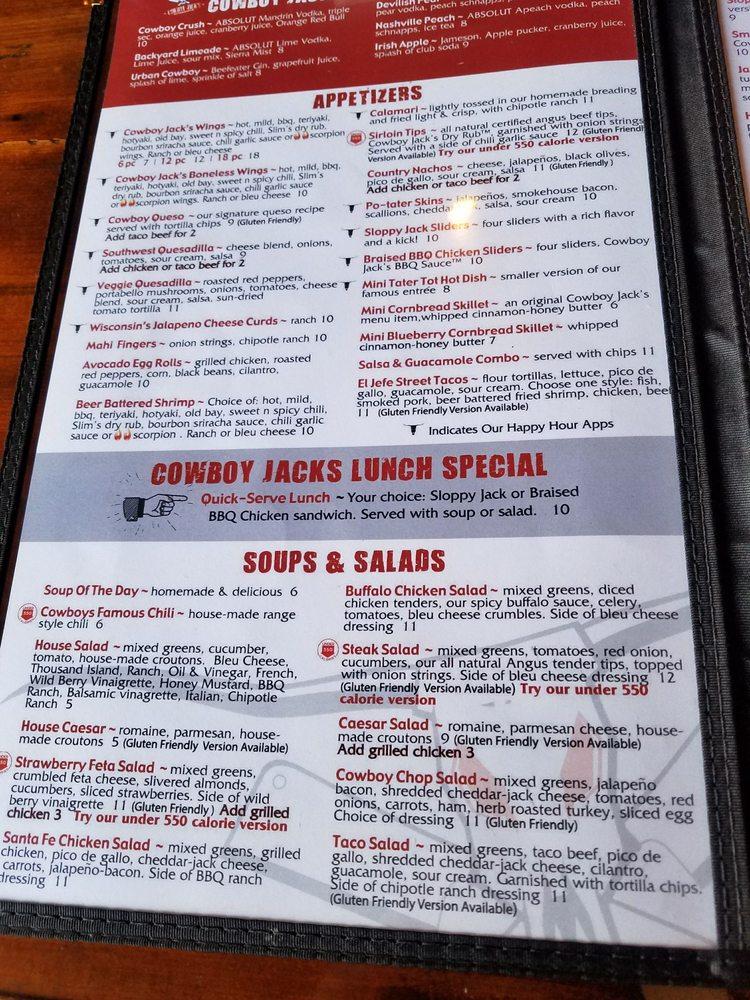 Menu at Cowboy Jack's restaurant, Fredericksburg, Plank Rd