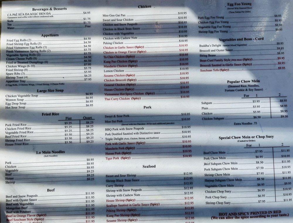 Menu at Taste of Asia restaurant, Eden Prairie