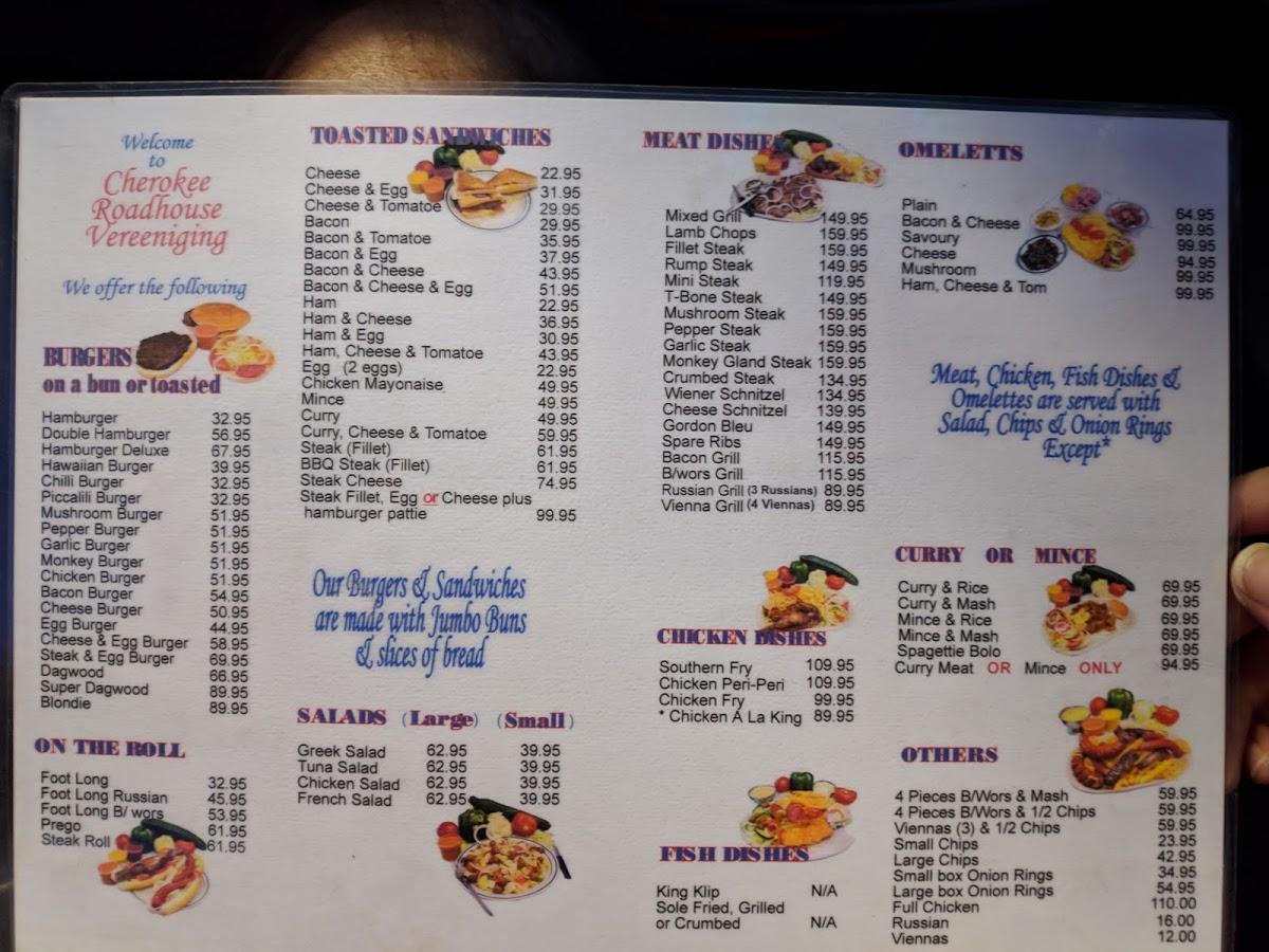 Menu at Cherokee Road House restaurant, Vereeniging, Voortrekker St