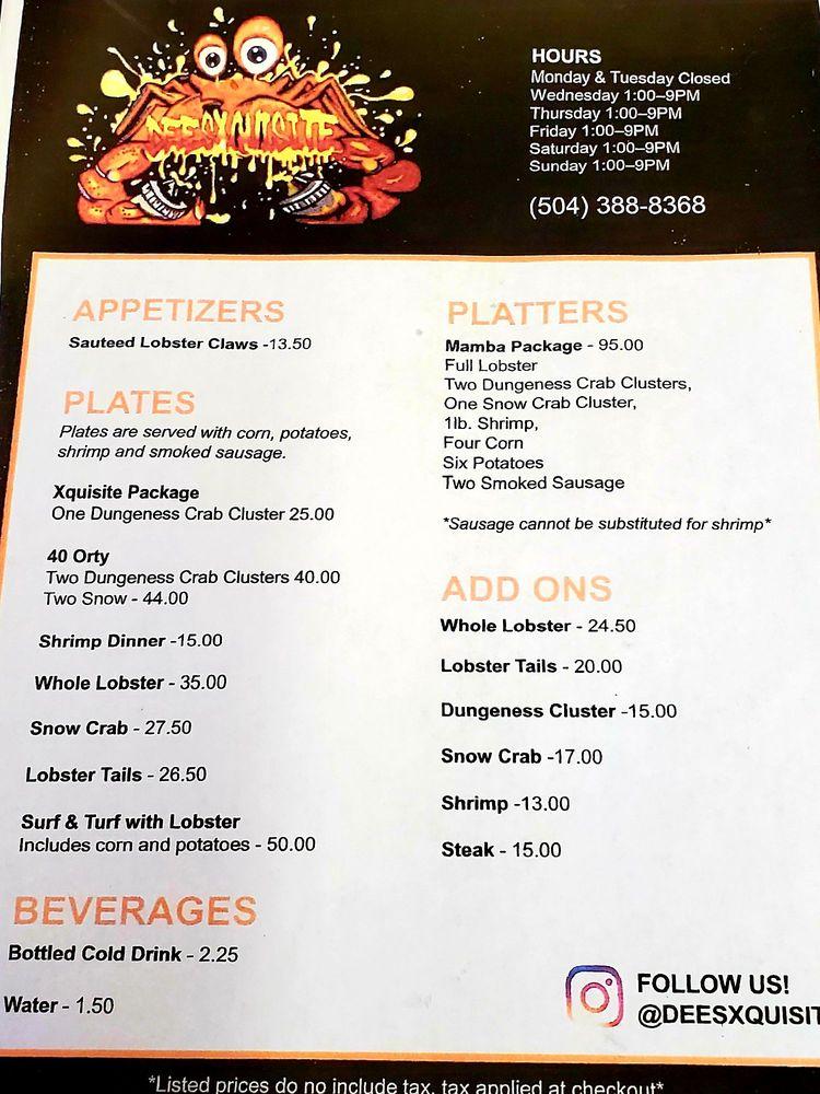 Menu at Dees Xquisite Seafood restaurant, New Orleans