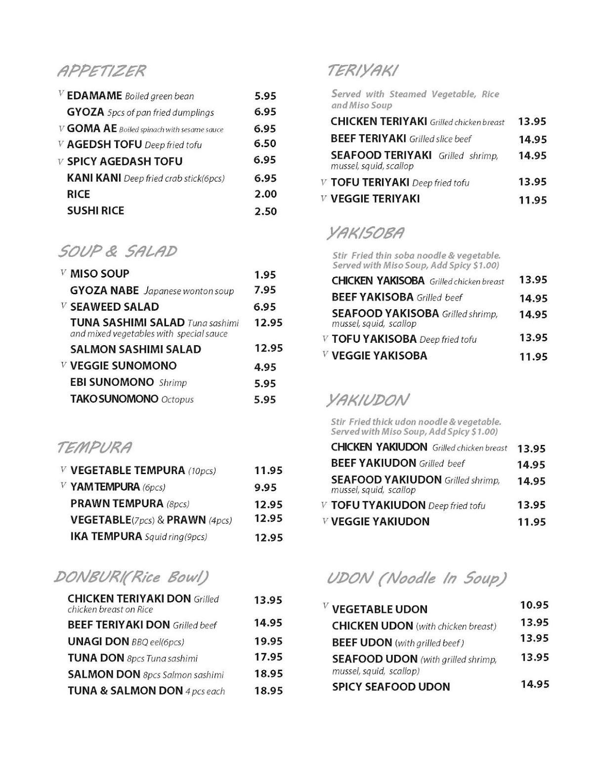 Menu at Jay’s Sushi & Tempura House restaurant, Kamloops