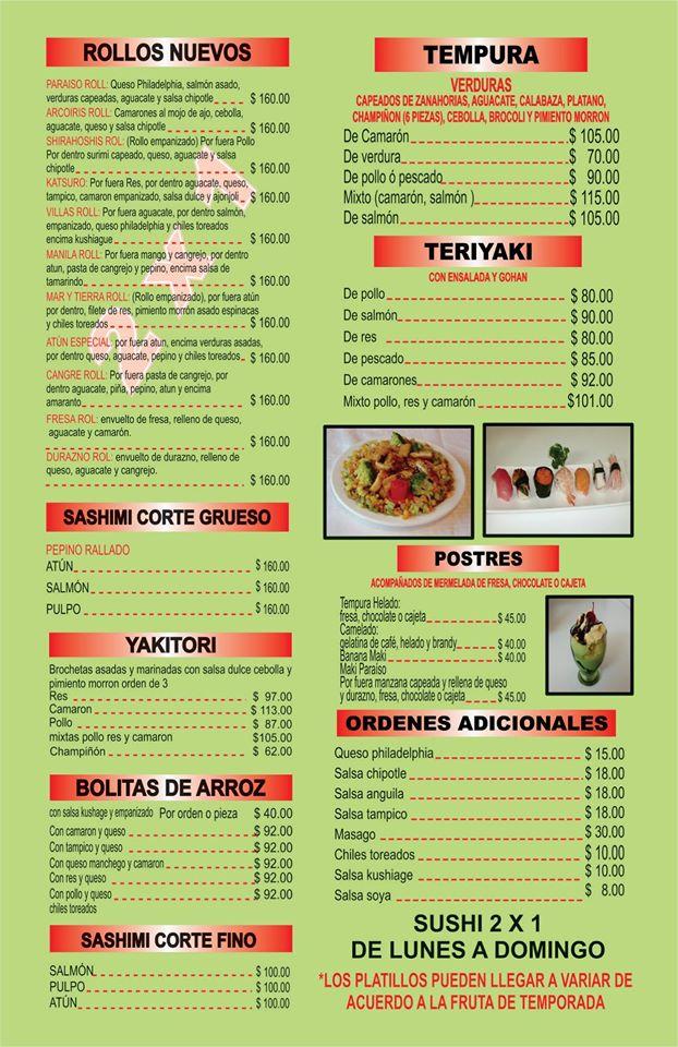 Carta del restaurante Sushi Tepotzotlán, Tepotzotlán, Av insurgentes 26