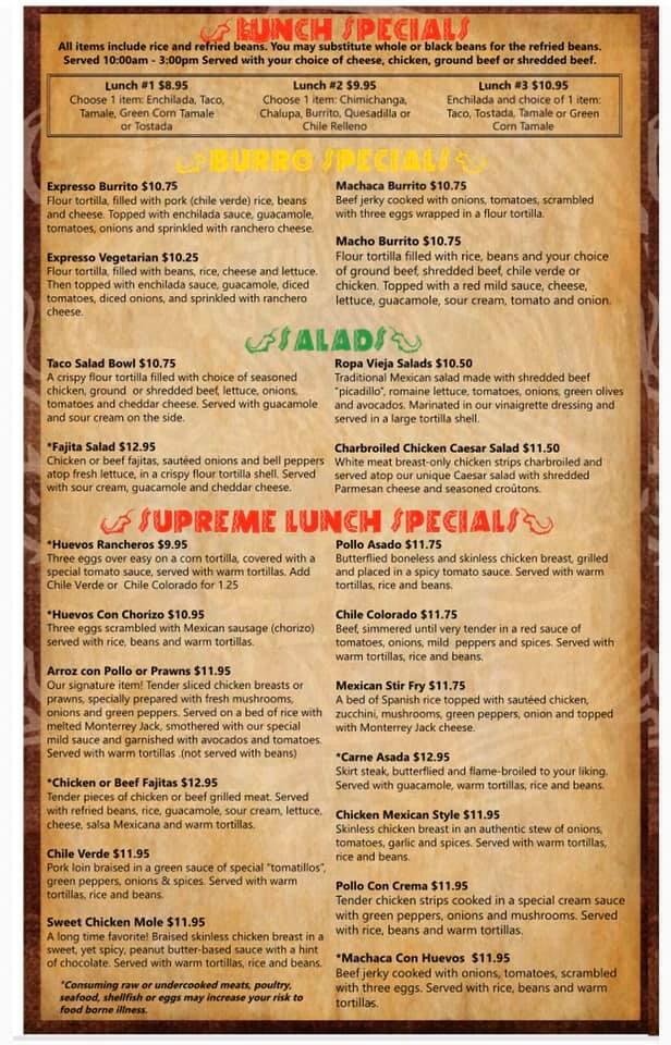 Menu at Lindo Mexico restaurant, Prescott, Gail Gardner Way #101