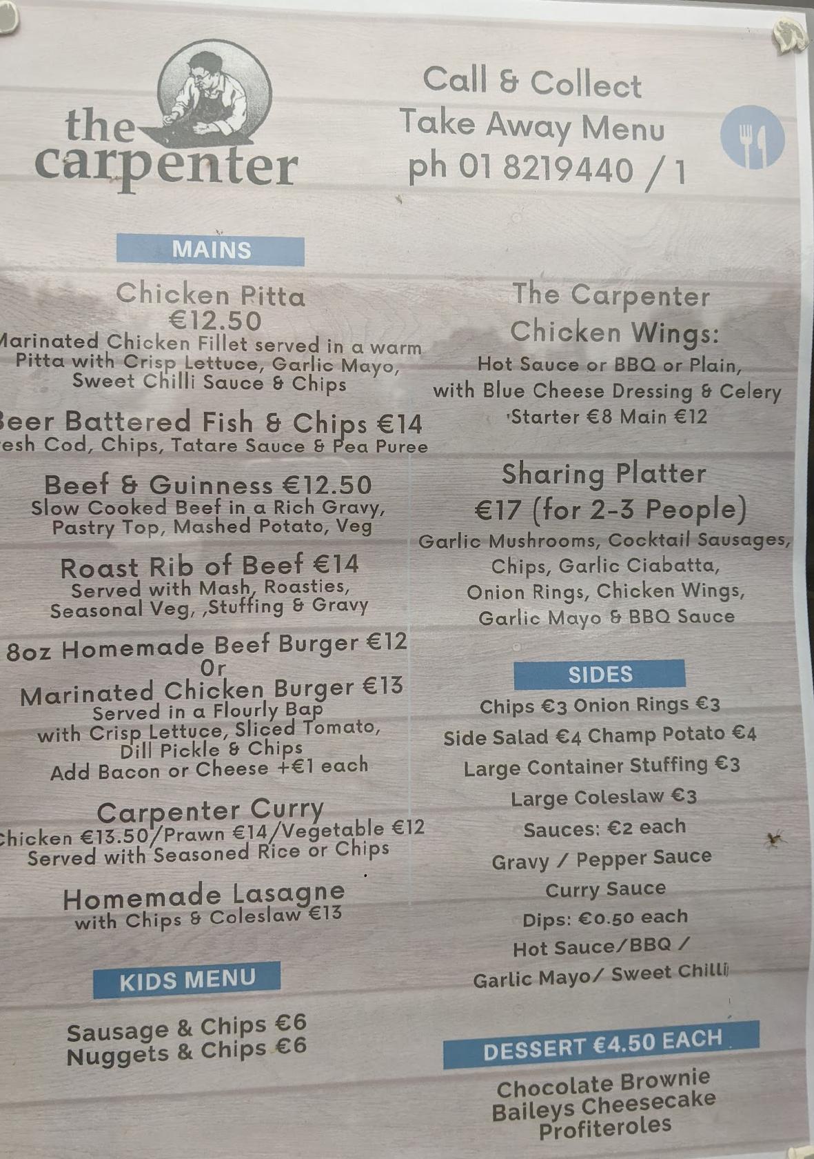 Menu at The Carpenter pub & bar, Dublin