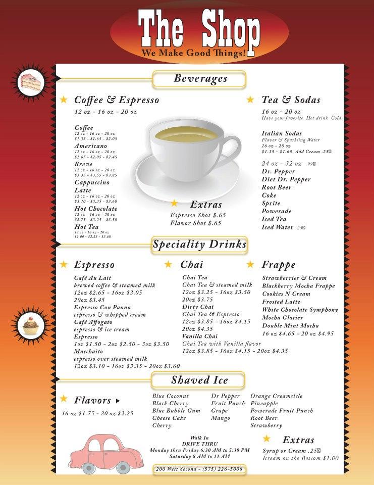 Menu at The Shop, Portales