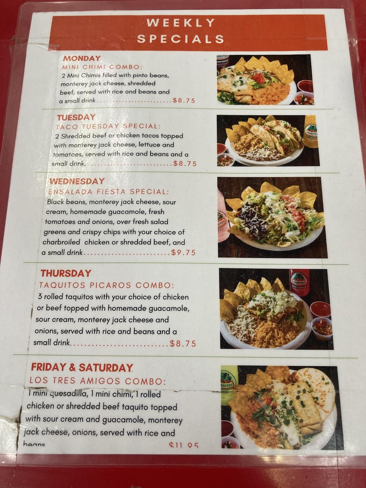 Menu at Burritos Fiesta Fresh Mexican restaurant, Flagstaff