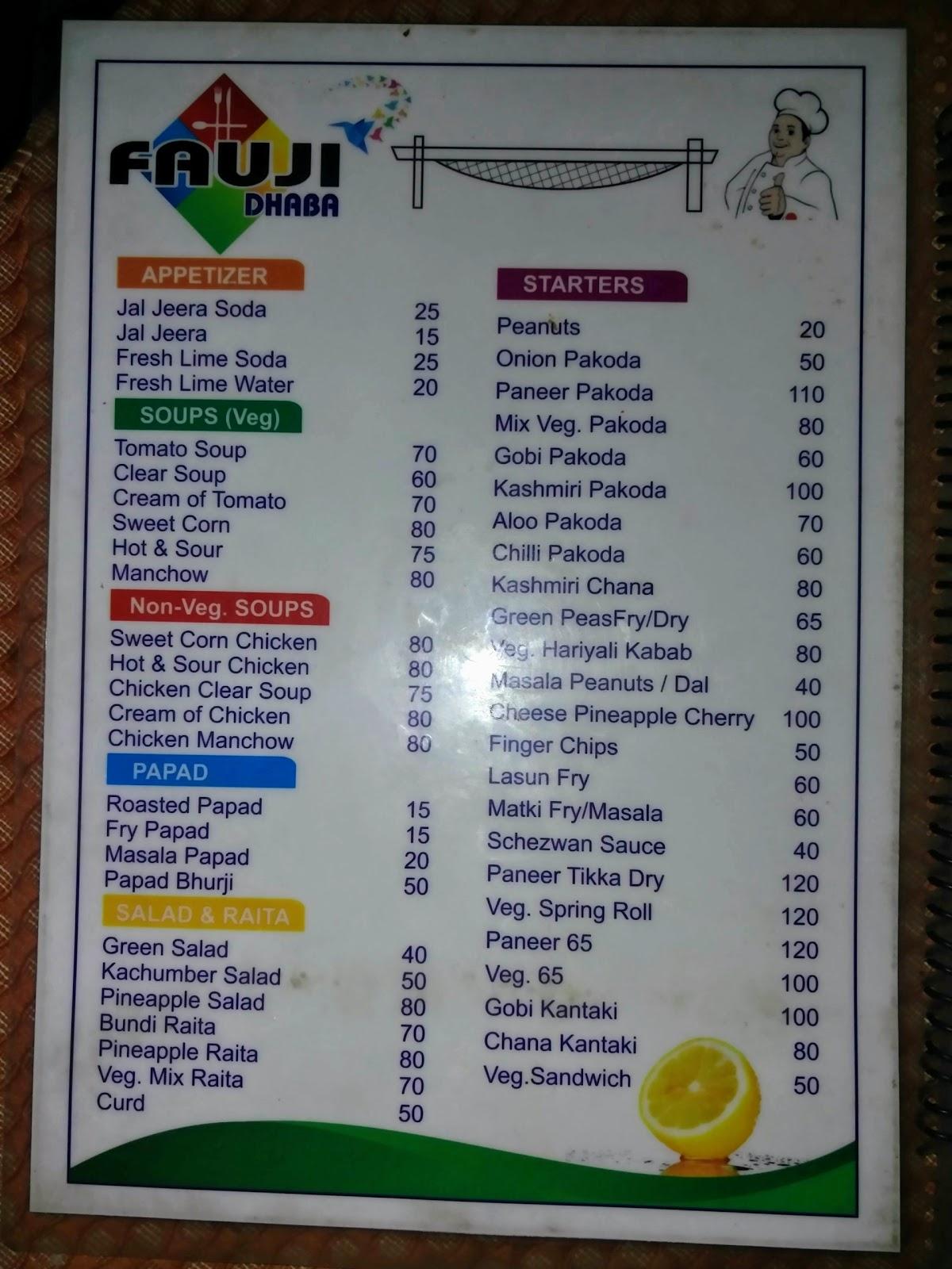 Menu at Fauji Dhaba, Aurangabad, National HIghway 211