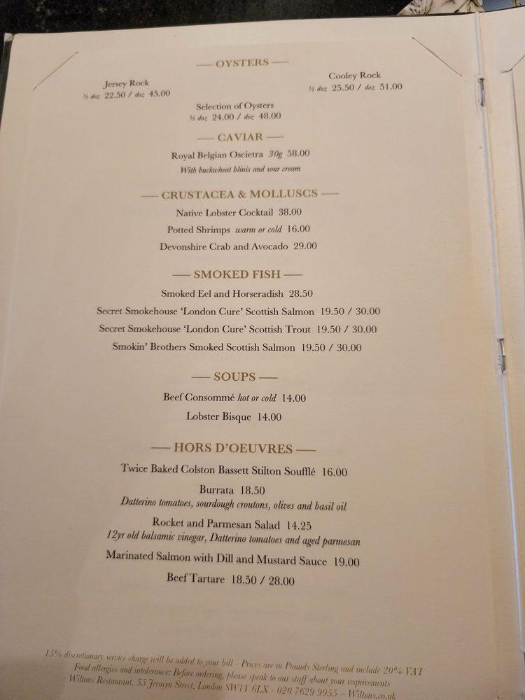 Menu at Wiltons Restaurant, London