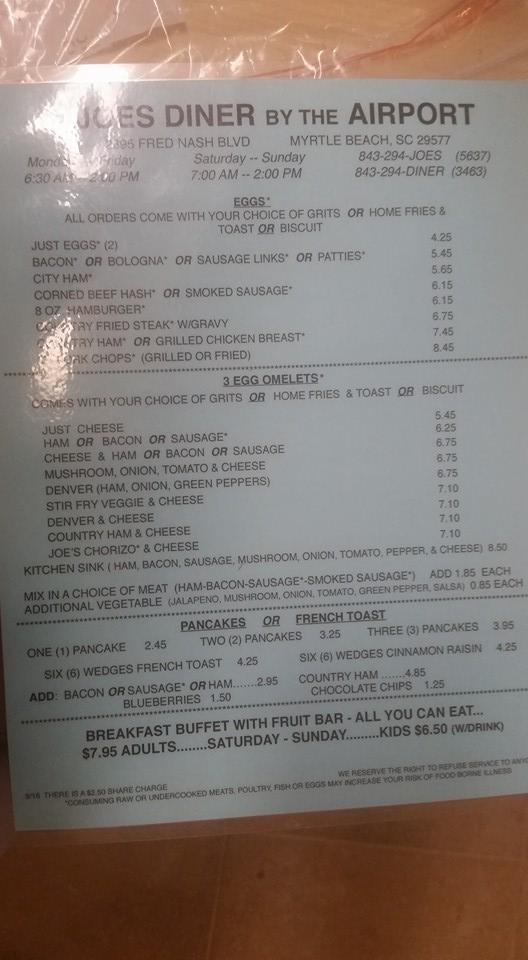 Menu at Joe's Diner by the Airport restaurant, Myrtle Beach, Fred Nash Blvd