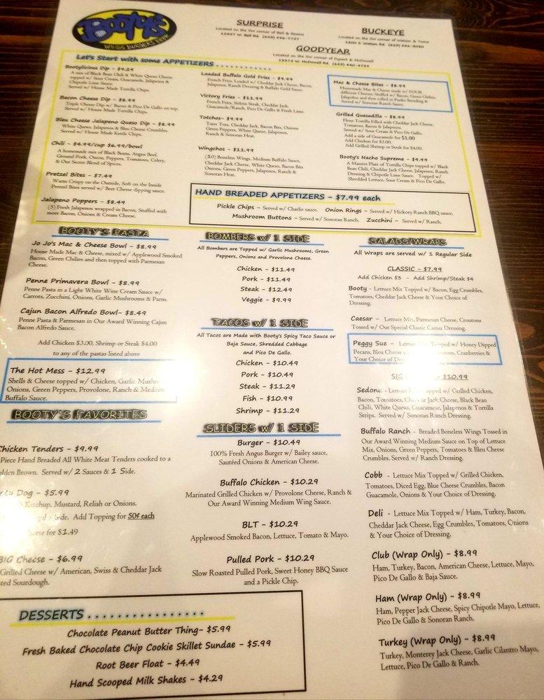 Menu at Booty's Wings Burgers & Beer pub & bar, Surprise