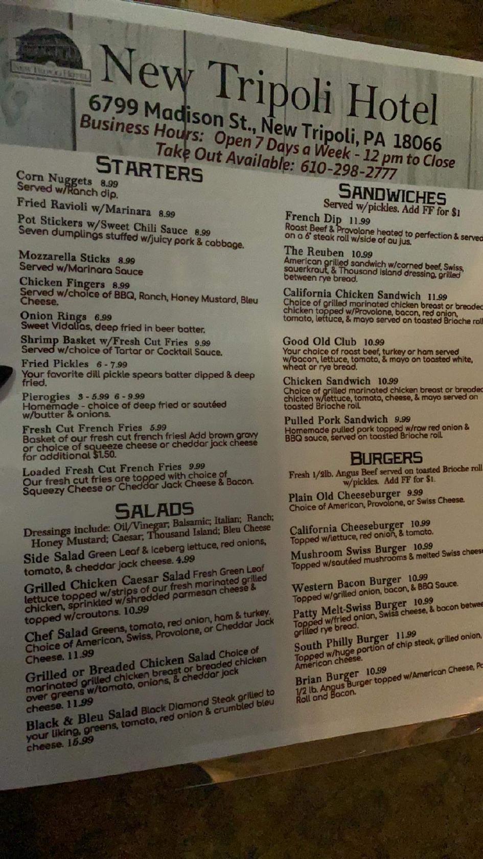 Menu at New Tripoli Hotel pub & bar, New Tripoli