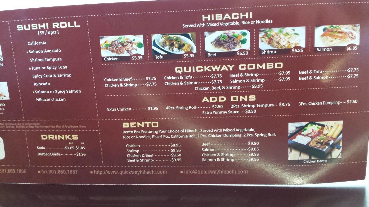 Menu at Quickway Hibachi restaurant, Bowie, Annapolis Rd 160