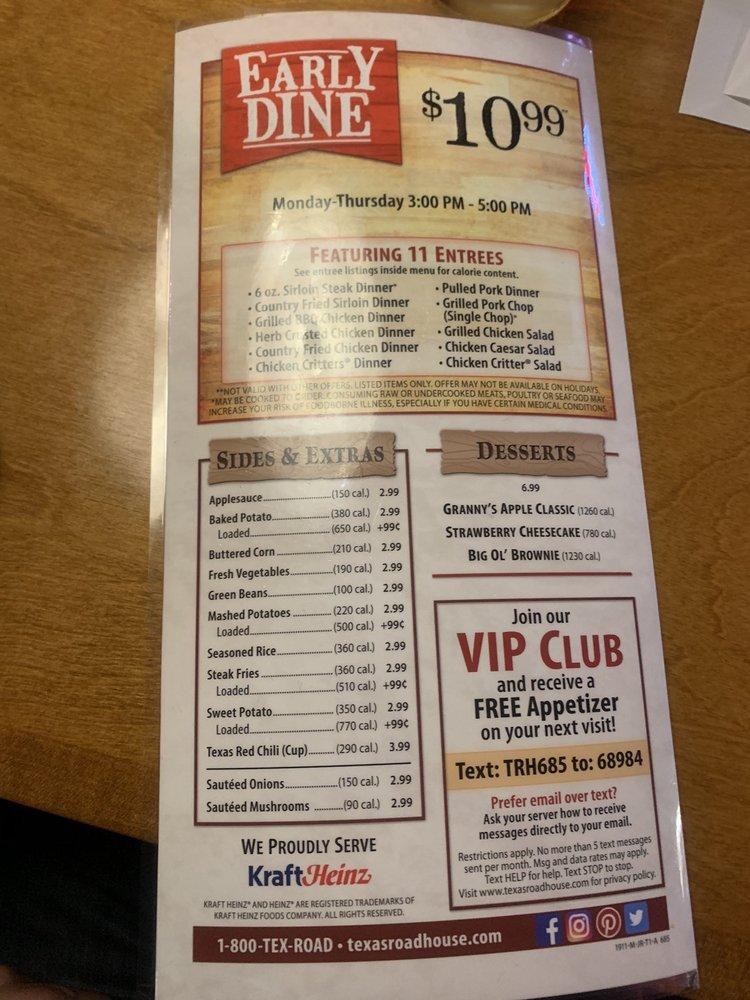 Menu at Texas Roadhouse steakhouse, El Cajon