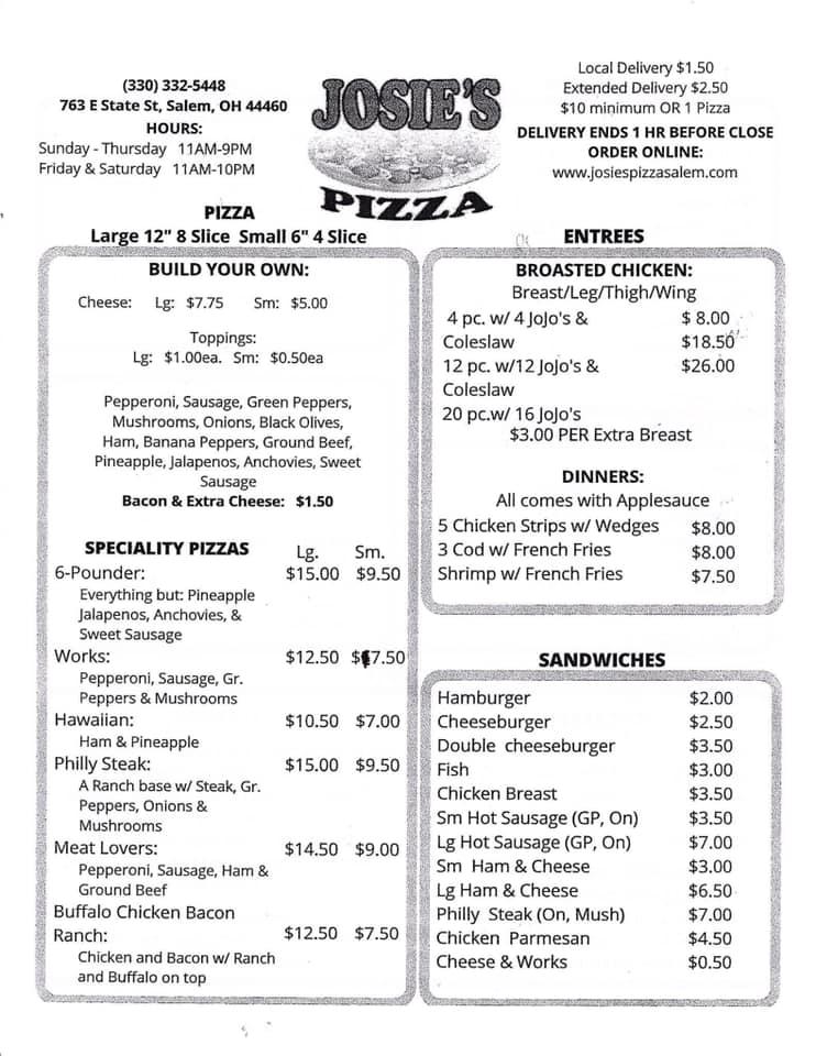 Menu at Josie's Pizza Shop pizzeria, Salem