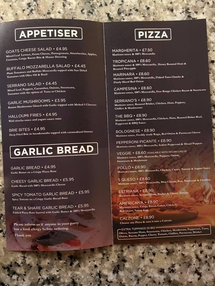 Menu at Serrano's Deli Pizza pizzeria, Padiham