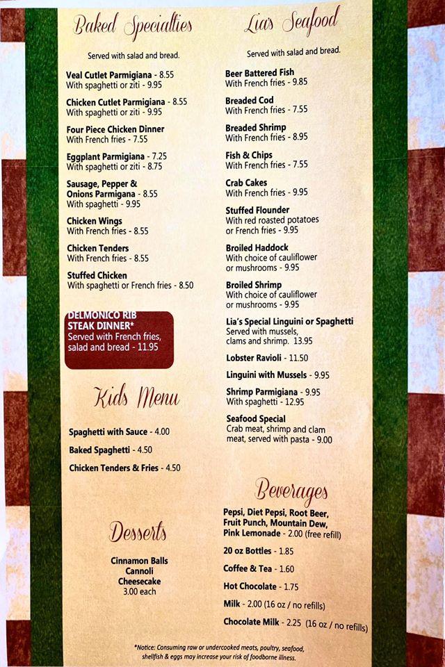 Menu at Lia's Pizza & Italian Restaurant, Houtzdale, 633 Spring St