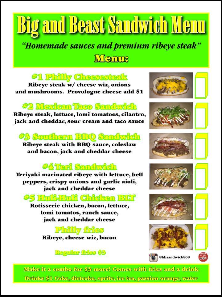 Menu at Big and Beast Sandwich, Honolulu