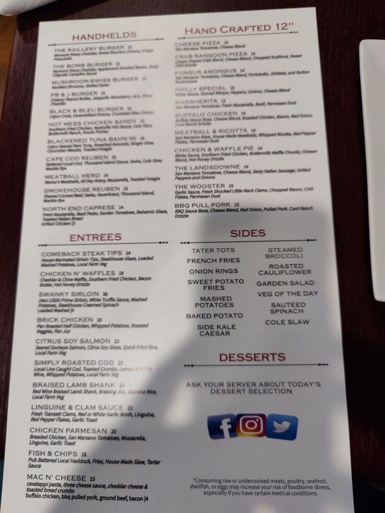 Menu at Raillery Public House, Franklin