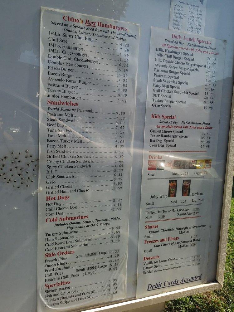 Menu at Super Chili Burgers restaurant, Chino