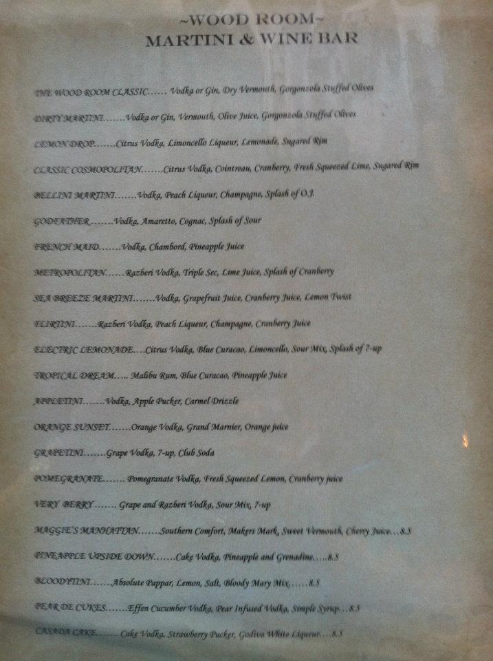 Menu at Wood Room Martini & Wine Bar, Willoughby Hills