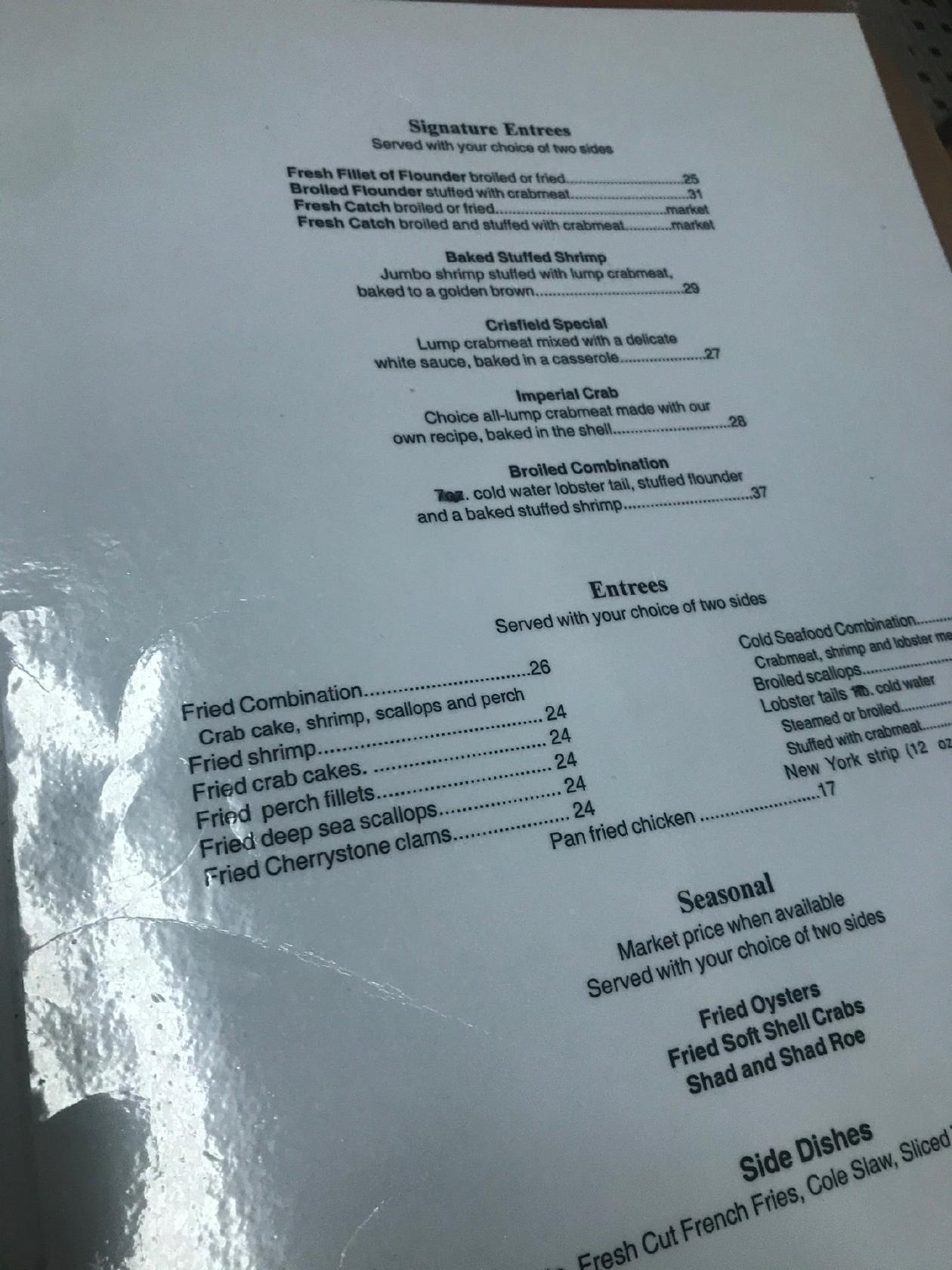 Menu at Crisfield Seafood restaurant, Silver Spring, Ave