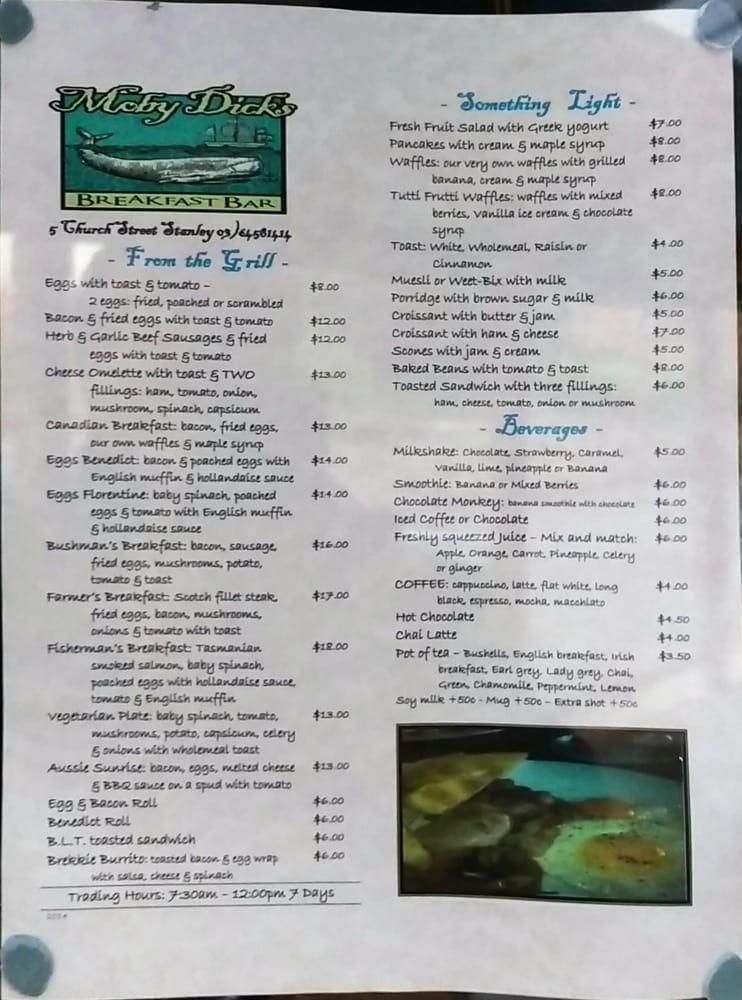 Menu at Moby Dick's Breakfast Bar, Stanley