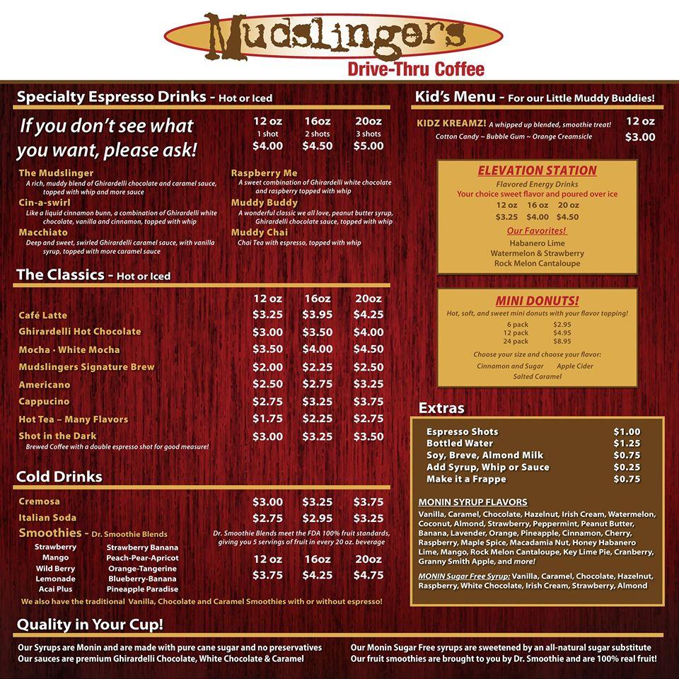 Menu at Mudslingers DriveThru Coffee, Burney