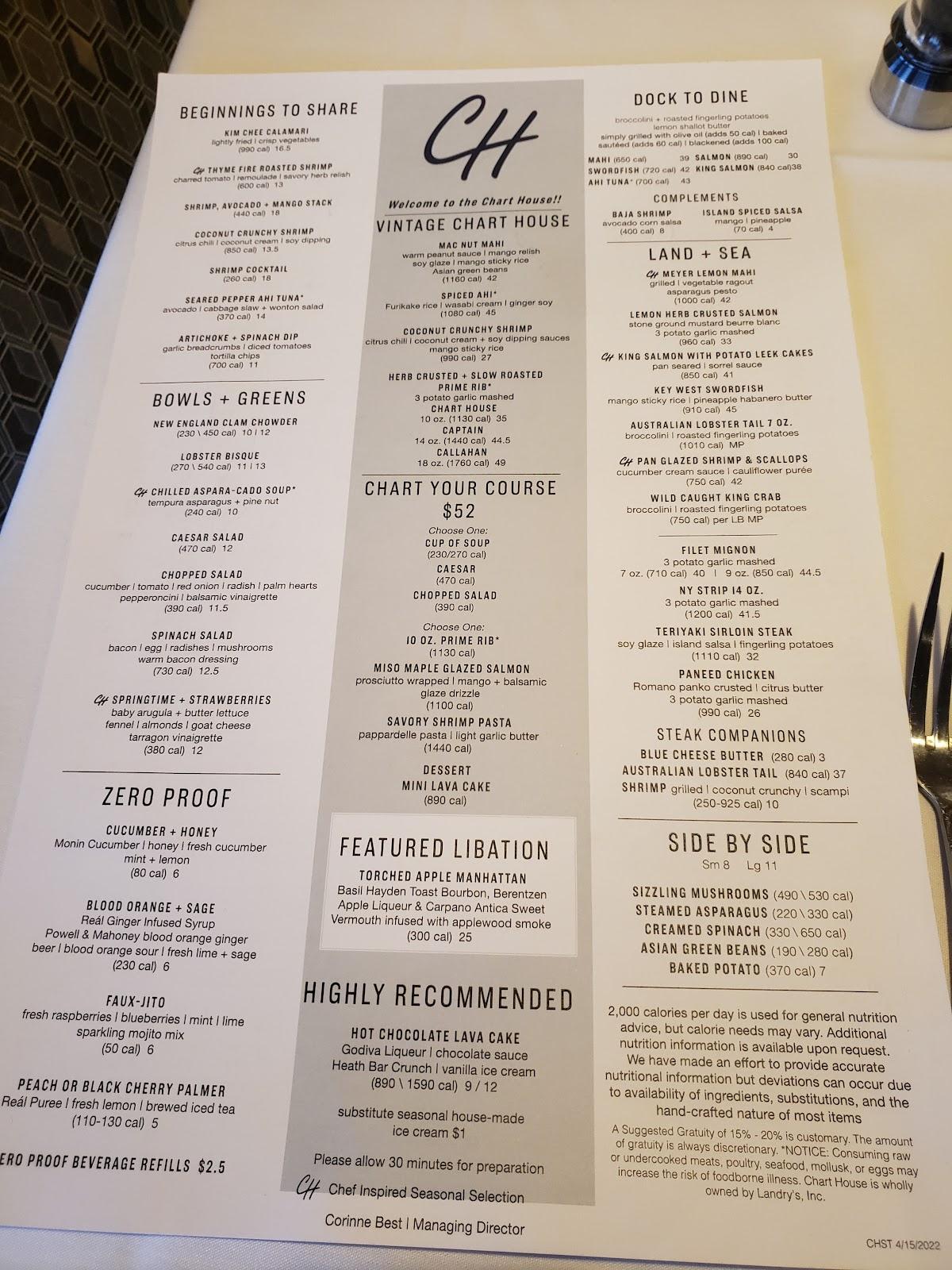 Menu at Chart House steakhouse, Stateline