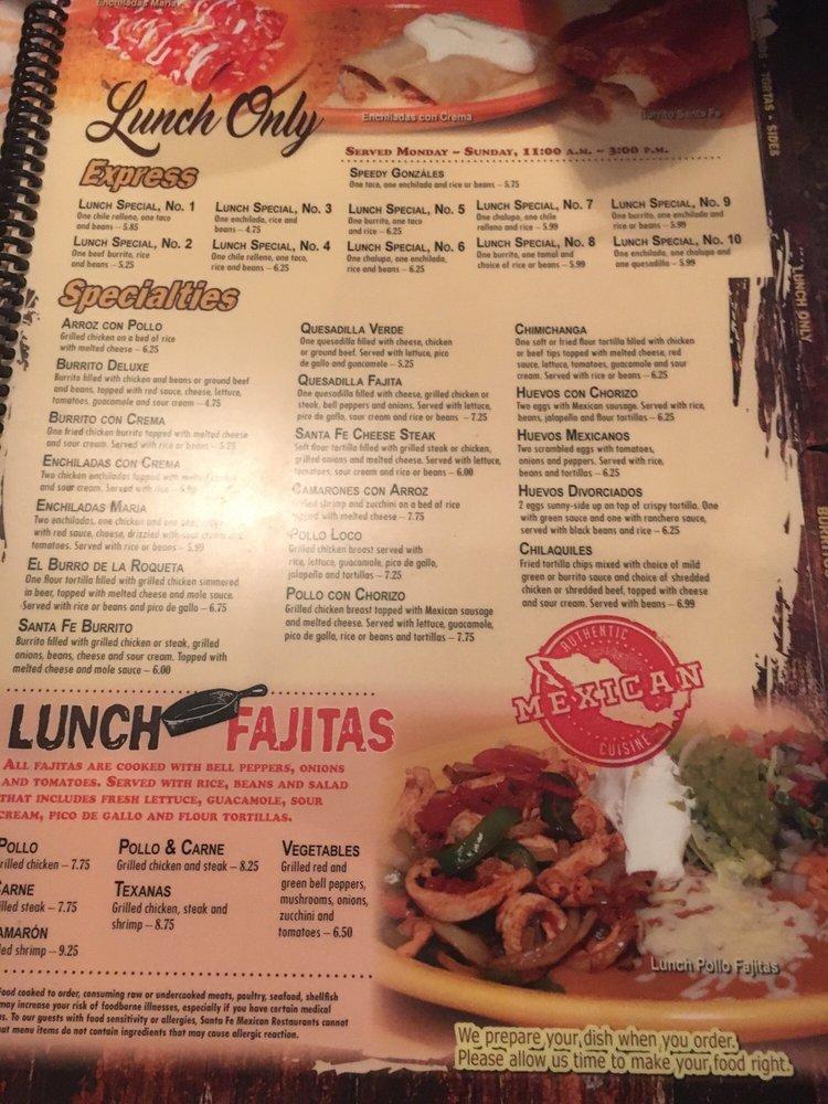 Menu at Santa Fe Mexican Grill restaurant, Greensboro, 423 Pisgah Church Rd