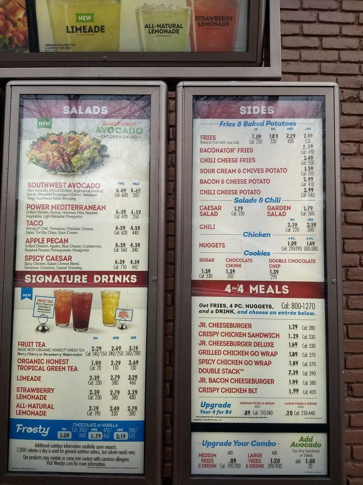 Menu at Wendy's fast food, Clark, 59 Central Ave