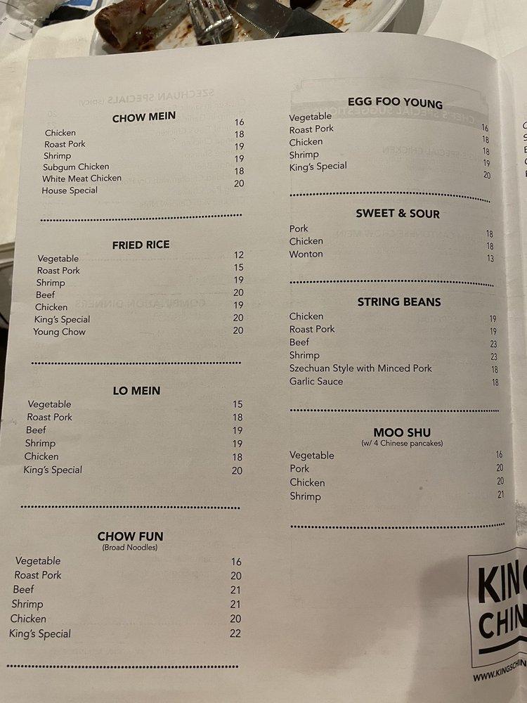 Menu at King's Chinese restaurant, Freehold