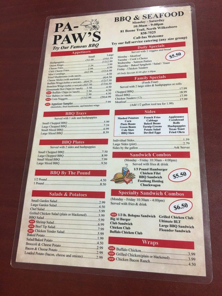 Menu at Pa Paw's BarBQue Restaurant, North Wilkesboro